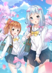  2girls :d :o absurdres aqua_eyes bag bag_charm black_skirt blue_sky blush bow bowtie brown_eyes brown_hair building bush buttons charm_(object) cherry_blossoms cloud cloudy_sky collarbone commentary_request cowboy_shot day eromanga_sensei gradient_sky grey_hair hair_ornament hair_ribbon hair_scrunchie hairbow high_ponytail highres holding_strap holmemee izumi_sagiri jinno_megumi long_hair long_sleeves looking_at_viewer low-tied_long_hair motion_blur multiple_girls open_mouth outdoors petals pink_bow pink_ribbon pleated_skirt ponytail railing ribbon school_bag school_uniform scrunchie see-through serafuku shoulder_bag sidelocks skirt skirt_tug sky smile standing tareme tree tress_ribbon very_long_hair wind wind_lift window yellow_bow yellow_bowtie 