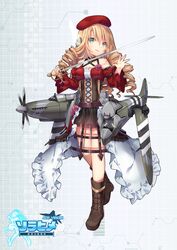  :d ace_virgin aqua_eyes bare_shoulders beret blonde_hair cockpit collarbone commentary corset detached_sleeves drill_hair female full_body hat highres invasion_stripes open_mouth personification propeller rapier shenbei_xiaoqiu skirt smile solo spitfire_(ace_virgin) standing supermarine_spitfire sword weapon wings 