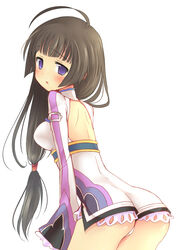  ahoge ass back_cutout bad_ass bad_id bad_pixiv_id black_hair blush clothing_cutout female hair_over_shoulder kohaku_hearts long_hair looking_back low-tied_long_hair purple_eyes sleeves_past_wrists solo tales_of_(series) tales_of_hearts teu_(navy) white_background 