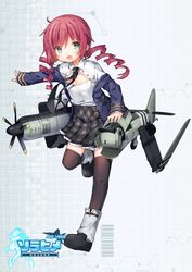  :d ace_virgin aqua_eyes commentary drill_hair female full_body hawker_sea_fury highres miniskirt necktie open_mouth personification pleated_skirt propeller red_hair sea_fury_(ace_virgin) shenbei_xiaoqiu skirt smile solo standing thighhighs uniform wings 