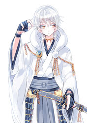  1boy armor bad_id bad_pixiv_id black_gloves gloves hakama hakama_skirt iwashi_(sardineblue) japanese_armor japanese_clothes katana kusazuri male_focus partially_fingerless_gloves sheath sheathed simple_background skirt solo sword touken_ranbu tsurumaru_kuninaga weapon white_background white_hair yellow_eyes 