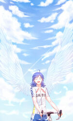  :d bicycle blue_hair closed_eyes cloud commentary_request cycling_uniform day female manami_sangaku mitsuki_hana open_mouth short_hair smile solo wings yowamushi_pedal 