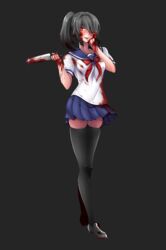  absurdres ayano_aishi blood blood_on_clothes commentary_request evil_smile female highres knife school_uniform smile solo thighhighs yandere yandere_simulator yaobin_yang 