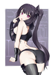  :p absurdres android architect_(girls&#039;_frontline) arm_warmers ass asymmetrical_clothes bare_shoulders black_hair black_thighhighs blush breasts clenched_hand commentary cowboy_shot female finger_to_cheek girls&#039;_frontline hair_ornament head_tilt highres long_hair looking_at_viewer looking_back medium_breasts nail_polish nemoga one_side_up pink_eyes pink_nails purple_eyes revealing_clothes sangvis_ferri shiny_skin side-tie_costume sidelocks skindentation smile solo thighhighs thighs tongue tongue_out very_long_hair 