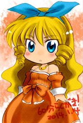  blonde_hair bow breasts brown_eyes commentary_request detached_sleeves dress drill_hair female freckles hair_ribbon hairband jane_maxwell long_hair open_mouth orange_dress orange_sleeves ribbon sakuran_(riddle_riddle) sidelocks small_breasts solo waist_bow wild_arms wild_arms_1 