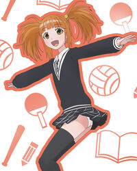  ball baseball_bat black_thighhighs book brown_hair female grey_eyes hair_bobbles hair_ornament haruyama_kazunori looking_at_viewer miniskirt necktie outstretched_arms paddle panties pantyshot pencil plaid plaid_skirt school_uniform skirt smile solo spread_arms standing sweater table_tennis_paddle takahashi_aoi tesagure!_bukatsu-mono thighhighs twintails underwear upskirt volleyball volleyball_background white_panties 