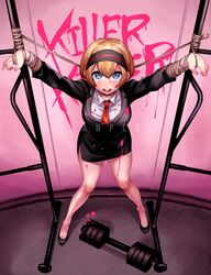  asano_misaki_(danganronpa) bad_id bad_twitter_id black_suit blonde_hair blood blood_on_clothes blood_on_face bob_cut bound bound_wrists commentary_request danganronpa_(series) danganronpa_gaiden:_killer_killer dumbbell female formal full_body headband highres looking_at_viewer necktie official_art open_mouth pigeon-toed pink_blood red_necktie sasami_(ki) short_hair skirt skirt_suit suit tears tied_up_(nonsexual) watermark 