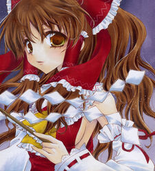  aoi_yuuka_(ao_no_kokoro) ascot blue_background bow breasts brown_eyes brown_hair commentary_request detached_sleeves eyelashes female fingernails gohei gradient_background hair_tubes hairbow hakurei_reimu light_particles lips long_hair looking_at_viewer marker_(medium) medium_breasts parted_lips ponytail red_bow shikishi sideboob simple_background solo touhou traditional_media upper_body 