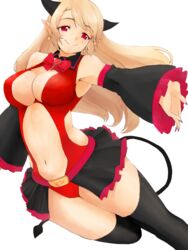  bare_shoulders belt black_thighhighs blonde_hair bow breasts cleavage commentary_request demon_girl demon_tail detached_sleeves earrings female heart horns jewelry large_breasts leotard long_hair marukakisuto navel original pointy_ears red_eyes red_leotard smile solo tail thighhighs 