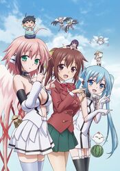  3boys 6+girls :o angel_wings bird blush breasts chains chicken cleavage daedalus_(sora_no_otoshimono) food fruit harpy_1 harpy_2 highres ikaros large_breasts mini_person miniboy minigirl mitsuki_sohara multiple_boys multiple_girls nymph_(sora_no_otoshimono) official_art sakurai_tomoki sakurai_tomozou satsukitane_mikako shiny_skin skindentation sora_no_otoshimono sugata_eishirou thighhighs watermelon wings zettai_ryouiki 