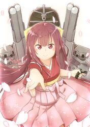  &gt;:) brown_hair cherry_blossoms commentary_request female hakama hakama_skirt japanese_clothes kamikaze_(kancolle) kantai_collection koppa_mijinko_(series2023) long_hair machinery meiji_schoolgirl_uniform petals pink_hakama pointing pointing_at_viewer pose red_eyes skirt smile solo v-shaped_eyebrows 