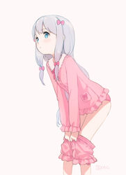  beige_background blue_eyes blush bow breasts closed_mouth eromanga_sensei expressionless female hairbow izumi_sagiri kokudou_juunigou lace_trim leaning_forward long_hair long_sleeves pajamas pajamas_pull panties pants_pull pink_panties sidelocks silver_hair simple_background small_breasts solo underwear 