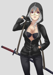  black_bra black_gloves bra breasts commentary_request female glasses gloves hand_in_pocket highres hood hoodie large_breasts looking_at_viewer open_clothes open_shirt original red_eyes scabbard seven_(11) sheath shirt silver_hair smile solo sword underwear weapon 