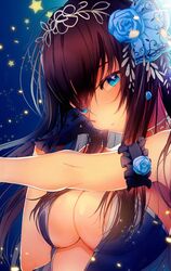  black_dress black_gloves black_hair blue_eyes breasts cleavage commentary dress female floral_print flower gloves hair_flower hair_ornament hairband highres idolmaster idolmaster_cinderella_girls idolmaster_cinderella_girls_starlight_stage long_hair looking_at_viewer medium_breasts peanutc print_gloves sagisawa_fumika solo tiara 