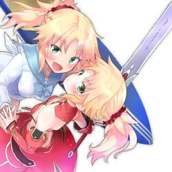  2girls blonde_hair braid breasts commentary_request detached_sleeves dual_persona fate/grand_order fate_(series) french_braid green_eyes hair_ornament hair_scrunchie highres long_hair long_sleeves medium_breasts mordred_(fate) mordred_(fate/apocrypha) mordred_(swimsuit_rider)_(fate) mordred_(swimsuit_rider)_(second_ascension)_(fate) mozu_(peth) multiple_girls oerba_yun_fang ponytail red_scrunchie sailor_collar scrunchie sidelocks surfboard sword weapon 