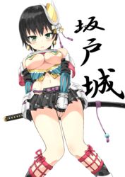  black_hair bluekalmia blush breasts character_name commentary_request detached_sleeves female hair_ornament highres large_breasts looking_at_viewer looking_down miniskirt oshiro_project:re pleated_skirt sakado_(oshiro_project) short_hair simple_background skirt solo sword underboob weapon white_background 