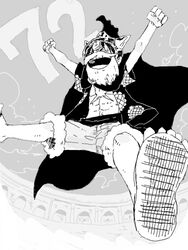  1boy 72 :d aku_(lattina) arms_up beard chest closed_eyes dressrosa facial_hair fake_mustache gladiator helmet jumping male male_focus monkey_d_luffy monochrome number one_piece open_clothes open_mouth open_shirt scar shirt shorts smile solo 