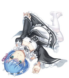  blue_eyes blue_hair breasts commentary feet female looking_at_viewer lying maid maid_headdress medium_breasts no_shoes on_back pantyhose photoshop_(medium) re:zero_kara_hajimeru_isekai_seikatsu rem_(re:zero) roswaal_mansion_maid_uniform short_hair smile solo streamingsun white_pantyhose 