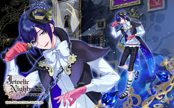  1boy 2013 bishounen black_footwear blue_gemstone blue_hair bow capri_pants chains company_name copyright_name dark_blue_hair diamond-shaped_pupils diamond_(shape) full_body gem gloves green_eyes hat highres jewelic_nightmare kneehighs male_focus monocle multicolored_eyes official_art pants red_gloves saphy_(jewelic_nightmare) shoes smile socks solo standing striped_clothes striped_socks sumihara_aoshi symbol-shaped_pupils white_bow yamamoto_kana zoom_layer 