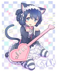  animal_ears bell blue_eyes blue_hair blush bow bowtie cat_ears cat_girl cat_tail character_name checkered_background commentary_request cyan_(show_by_rock!!) drill_hair female guitar headdress heart heart_guitar instrument looking_at_viewer paw_pose ransusan show_by_rock!! smile solo strawberry_heart_(show_by_rock!!) striped_clothes striped_thighhighs tail thighhighs 