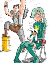  1boy annie_(skullgirls) annie_of_the_stars barrel beowulf_(skullgirls) black_hair chair closed_eyes eyepatch female green_hair open_mouth sagan_(skullgirls) sitting skullgirls thighhighs yellow_eyes 