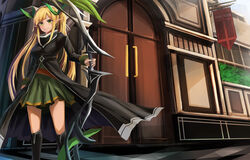  black_footwear blonde_hair boots bow_(weapon) closed_mouth commentary day elf eruthika female green_eyes green_skirt highres holding holding_bow_(weapon) holding_weapon knee_boots legs_apart long_hair long_sleeves looking_at_viewer one_side_up outdoors photoshop_(medium) pointy_ears sennen_sensou_aigis sidelocks skirt smile solo spica_(sennen_sensou_aigis) standing thighs weapon 