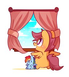  2013 blue_body blue_feathers blue_fur blush chibi curtains cutie_mark digital_media_(artwork) equid equine feathered_wings feathers female feral friendship_is_magic fur hair hasbro inside long_hair looking_outside looking_through looking_through_window mackinn7 mammal multicolored_hair my_little_pony mythological_creature mythological_equine mythology open_mouth orange_body orange_fur pegasus plushie purple_eyes purple_hair rainbow_dash_(mlp) rainbow_hair scootaloo_(mlp) sitting slightly_chubby smile snow snowing solo standing toy window wings young young_feral 