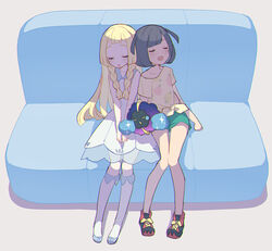  2girls black_hair blonde_hair blush braid closed_eyes cosmog couch dress floral_print full_body kurochiroko lillie_(pokemon) long_hair mizuki_(pokemon_sm) multiple_girls on_couch open_mouth pokemon pokemon_(game) pokemon_sm see-through shirt short_hair short_sleeves shorts sitting sleeping sleeveless sleeveless_dress tied_shirt twin_braids yuri 