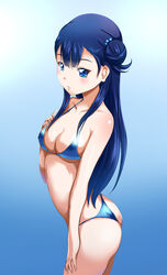  ass blue_background blue_eyes blue_hair blush breasts c-wing cleavage collarbone commentary_request covered_nipples cowboy_shot female from_side gradient_background hair_bun hair_ornament hand_on_lap highres hugtto!_precure long_hair medium_breasts parted_lips precure single_hair_bun solo standing swimsuit very_long_hair yakushiji_saaya 