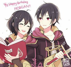  1boy 2016 ^_^ ahoge artist_name black_hair blush book character_name closed_eyes commentary dinikee dual_persona english_text female fire_emblem fire_emblem_awakening gloves hair_between_eyes happy_birthday height_difference holding holding_weapon hood hooded_jacket jacket laughing morgan_(female)_(fire_emblem) morgan_(fire_emblem) morgan_(male)_(fire_emblem) open_book open_mouth short_hair smile sword weapon 