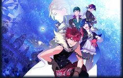  5boys :o adamas_(jewelic_nightmare) alen_(jewelic_nightmare) ayase_nanami bishounen blue_background blue_hair bow brown_gloves castle chains choker diamond_(gemstone) emer_(jewelic_nightmare) fur_trim gem gloves green_hair hat highres jewelic_nightmare male_focus monocle monocle_removed multiple_boys official_art purple_hair red_eyes red_gloves red_hair ru_(jewelic_nightmare) saphy_(jewelic_nightmare) sensui_takuma shirt sleeveless sleeveless_shirt sumeragi_seiichirou sumihara_aoshi togari_kou white_bow white_gloves white_hair yamamoto_kana 