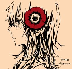  album_cover commentary_request cover crimsonseed english_text female flower hair_flower hair_ornament original portrait profile red_flower solo spot_color 