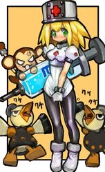  alternate_costume birdbot_(mega_man) black_legwear blonde_hair blush breasts closed_mouth commentary_request cosplay cross dakusuta data_(mega_man) female full_body gloves green_eyes hair_between_eyes hat highres holding holding_syringe large_syringe long_hair looking_at_viewer mega_man_(series) mega_man_legends_(series) monkey multiple_boys nurse nurse_cap open_mouth oversized_object pantyhose roll_caskett_(mega_man) short_sleeves skirt skirt_tug standing syringe white_footwear white_gloves 