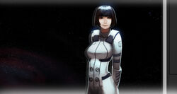  arms_behind_back black_hair blunt_bangs bob_cut bodysuit brown_eyes commentary_request echilo female hoshijiro_shizuka looking_at_viewer photoshop_(medium) pilot_suit realistic reflection short_hair sidonia_no_kishi sky smile solo spacesuit star_(sky) starry_sky uniform window 