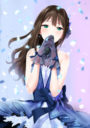  bad_id bad_pixiv_id bare_shoulders black_bow blue_bow blue_dress blush bow breasts brown_hair confetti covered_mouth cowboy_shot dress earrings eternal_bloom_(idolmaster) female floral_print flower furururu gloves gradient_background green_eyes hair_flower hair_ornament hairbow highres holding holding_microphone idolmaster idolmaster_cinderella_girls idolmaster_cinderella_girls_starlight_stage jewelry long_hair looking_at_viewer microphone necklace own_hands_together sash see-through shibuya_rin sleeveless sleeveless_dress small_breasts solo standing 