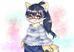  artist_request black_hair fox furry glasses long_hair ponytial purple_eyes 