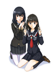  2girls amagami ayatsuji_tsukasa black_eyes black_hair commentary_request cosplay costume_switch crossover double_v kaoru348 kibito_high_school_uniform long_hair misumi_tomoe multiple_girls pantyhose photokano school_uniform v 