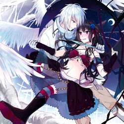  1boy angel_wings bandeau black_hair blade_to_throat blue_eyes blue_flower blue_rose blush boots breasts bridal_gauntlets commentary_request crescent_moon cross dagger female flower gloves hair_flower hair_ornament hair_ribbon holding holding_dagger holding_knife holding_weapon hoshiyui_tsukino knee_boots knife left-handed long_hair medium_breasts midriff moon navel oerba_yun_fang original red_eyes ribbon rose see-through socks star_(sky) striped_clothes striped_thighhighs thighhighs underboob weapon white_hair wings 