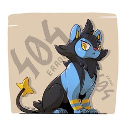  404 :&lt; brown_background commentary commission deviantart_username english_commentary english_text frown http_status_code looking_at_viewer luxio no_humans pokedex_number pokemon pokemon_(creature) pun serious signature simple_background sitting solo twarda8 yellow_eyes 