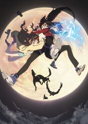  3girls android animal bad_link bird black_eyes black_fox black_hair boots brown_hair cardigan crow eagle electricity fox full_moon glasses green_eyes highres isurugi_rikka_(black_fox) jacket kasumi_(black_fox) key_visual long_hair madara_(black_fox) melissa_(black_fox) mia_(black_fox) moon multiple_girls non-humanoid_robot oboro_(black_fox) official_art pants pantyhose pantyhose_under_shorts promotional_art robot robot_animal round_eyewear short_hair shorts shuriken slippers squirrel tears weapon 