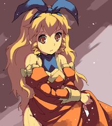  ascot blonde_hair blue_ascot bow breasts brown_eyes detached_sleeves dress drill_hair enoo female hair_ribbon hairband jaggy_lines jane_maxwell long_hair lowres medium_breasts oekaki open_mouth orange_dress orange_sleeves ribbon sidelocks solo wild_arms wild_arms_1 