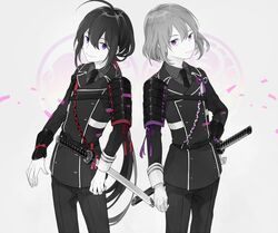  2boys ahoge armor commentary_request honebami_toushirou japanese_armor male_focus military military_uniform monochrome multiple_boys namazuo_toushirou necktie o-ishi ponytail purple_eyes shoulder_armor smile sode spot_color sword touken_ranbu uniform wakizashi weapon 