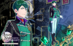  1boy 2013 badge bishounen black_footwear boots chains company_name copyright_name diamond-shaped_pupils diamond_(shape) emer_(jewelic_nightmare) full_body gem gloves green_eyes green_gemstone green_hair highres jewelic_nightmare knee_boots male_focus monocle official_art pants sensui_takuma smile solo standing symbol-shaped_pupils uniform white_gloves yamamoto_kana zoom_layer 