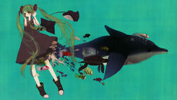  animal ankle_boots aqua_background bad_link bare_arms boots butterflyfish coral dolphin dress female fish goldfish green_eyes green_hair hatsune_miku koi long_hair meisa necktie sleeveless sleeveless_dress solo sora_no_sakana_(vocaloid) stingray tropical_fish turtle twintails very_long_hair vocaloid 