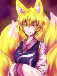  animal_ears blonde_hair colored_eyelashes commentary_request female fox_ears fox_tail hands_in_opposite_sleeves inaba-no-kuni-tottori multiple_tails short_hair simple_background solo tabard tail touhou upper_body yakumo_ran yellow_eyes 