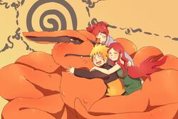  1boy 2girls :d blonde_hair blush closed_eyes double_bun facial_mark forehead_mark fox hair_ornament hairclip hug kurama_(naruto) kyuubi_(naruto) long_hair multiple_girls naruto naruto_shippuuden o96ap oerba_yun_fang open_mouth red_eyes red_hair short_hair slit_pupils smile uzumaki_kushina uzumaki_mito uzumaki_naruto very_long_hair 