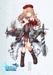  ace_virgin aqua_eyes bare_shoulders beret blonde_hair cockpit collarbone commentary corset damaged detached_sleeves drill_hair female fire full_body hat highres invasion_stripes open_mouth personification propeller shenbei_xiaoqiu skirt smile solo spitfire_(ace_virgin) standing supermarine_spitfire sword torn_clothes weapon wince wings 