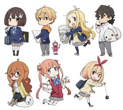  2boys 5girls :d bag blonde_hair blue_bow blue_jacket blue_legwear blue_neckwear blush bow bowtie brown_eyes brown_footwear brown_hair buchou_(kono_bijutsubu_niwa_mondai_ga_aru!) canvas_(object) cardigan character_request chibi closed_mouth colette_(kono_bijutsubu_niwa_mondai_ga_aru!) collared_shirt commentary_request double_bun double_v glasses green_bow green_neckwear grey_skirt grin hair_bun hair_flaps hair_ornament hairband hairbow hand_up highres holding imari_maria imigimuru jacket jitome kono_bijutsubu_niwa_mondai_ga_aru! loafers long_hair long_sleeves looking_at_viewer multiple_boys multiple_girls oerba_yun_fang open_mouth orange_hair pencil pencil_skirt pleated_skirt purple_eyes rabbit_hair_ornament red-framed_eyewear red_vest running school_bag school_uniform semi-rimless_eyewear shirt shoes short_hair shoulder_bag simple_background skirt smile socks standing sweater tachibana_yumeko twintails uchimaki_subaru under-rim_eyewear usami_mizuki v vest white_background white_footwear white_legwear wing_collar yo-yo 