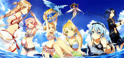  1boy 6+girls :d absurdres all_fours animal_ears arm_strap armpits arms_up asuna_(sao) barefoot bikini bikini_skirt black_bikini black_hair blonde_hair blue_eyes blue_hair blue_skin blue_sky blue_tail blue_wings braid breasts brown_eyes brown_hair bunbun cat_ears cat_girl cat_tail choker cleavage cloud cloudy_sky colored_skin creature cutoffs day diving_mask dragon fairy fairy_wings feathered_dragon feathered_wings feathers feet_out_of_frame fish fishing_rod floral_print flying folded_ponytail french_braid frilled_bikini frills goggles goggles_on_head green_eyes hair_between_eyes hair_ornament hairclip hat high_ponytail highres inflatable_dolphin inflatable_toy innertube kirito kirito_(sao-ggo) knights_of_blood_uniform_(sao) leafa lisbeth_(sao) lolicon long_hair long_legs looking_at_viewer looking_back magic male_swimwear medium_breasts mini_dragon mini_person minigirl multiple_girls multiple_tails navel ocean official_art one-piece_swimsuit open_fly open_mouth outdoors parted_bangs pina_(sao) pink_eyes pink_hair pointy_ears print_bikini red_eyes sarong see-through see-through_sarong short_hair short_shorts shorts silica silica_(sao-alo) sinon sky small_breasts smile spread_wings stomach striped_bikini striped_clothes swim_ring swim_trunks swimsuit sword_art_online tail tankini teeth thighs twin_braids two_tails unzipped upper_teeth_only very_long_hair wading water watermark white_bikini white_one-piece_swimsuit white_sarong white_wings wings yui_(sao) yui_(sao-alo) 