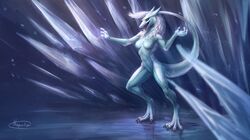  2018 blue_body blue_fur breasts detailed_background digital_media_(artwork) female fur hair hi_res noquelle open_mouth sergal solo standing tail teeth tongue white_hair 